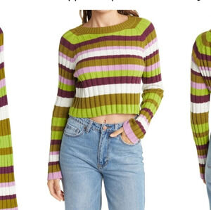Abound Striped Cropped Sweater Green White Pink Burgandy Stretchy Size XL